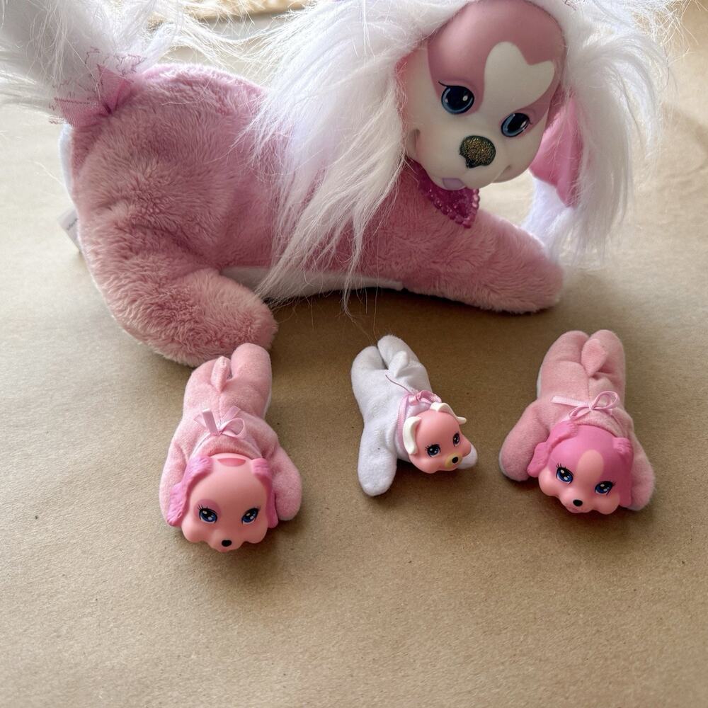 Puppy Surprise Plush Pink Dog with 3 Puppies 1 Runt of Litter Heart Collar